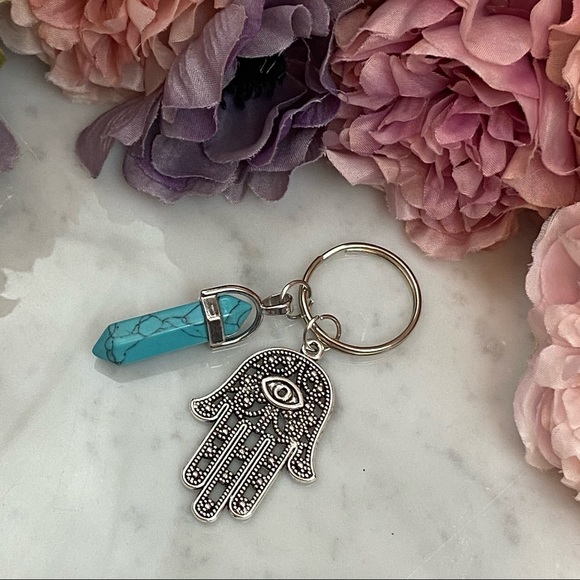 Natural Turquoise Quartz Stone Hamsa Hand Keychain - Picture 2 of 8